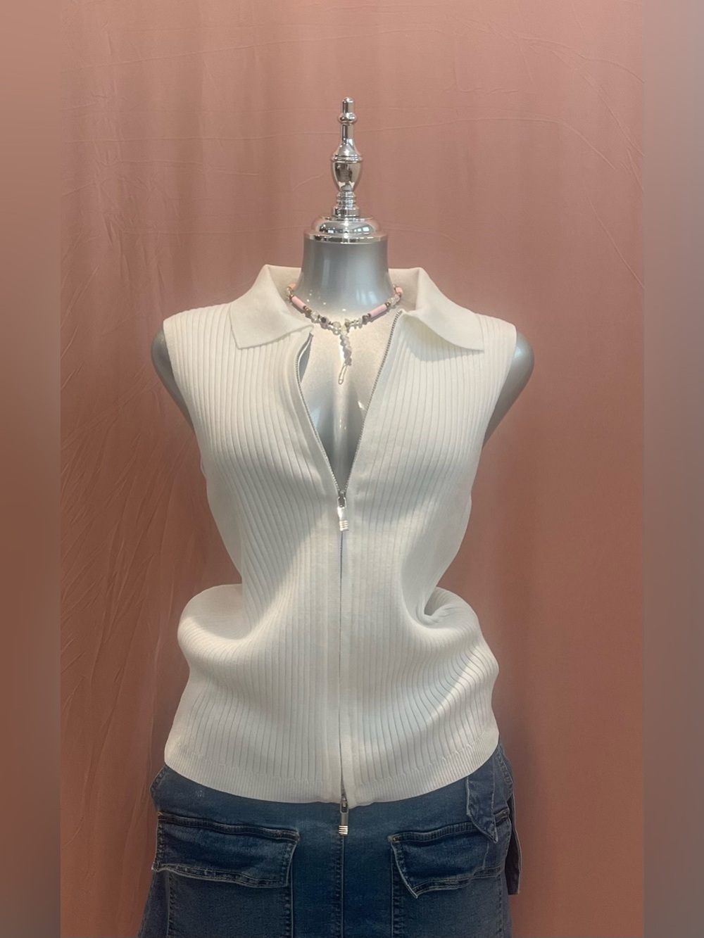 Collared Ribbed Zip Tank - White